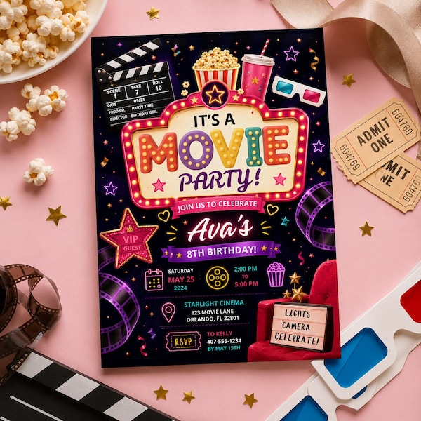 Movie Night Birthday Invitation, Movie Party Invitation, Cinema Invitation, Backyard Movie Night Birthday Birthday Invite, Editable Canva