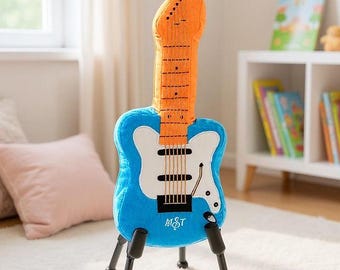 Blå elgitarrplyschleksak – Mjuk musikalisk leksak för barn, babyshowerpresent, låtsaslek, lärarpresenter, musikleksak, SEND, plyschleksak