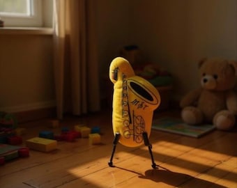 Gyllene saxofonplyschleksak – Mjuk musikalisk present för barn och jazzälskare. Plysch. SKICKA. Gosedjur. Mjukisdjur. Instrument. Musikpresent.