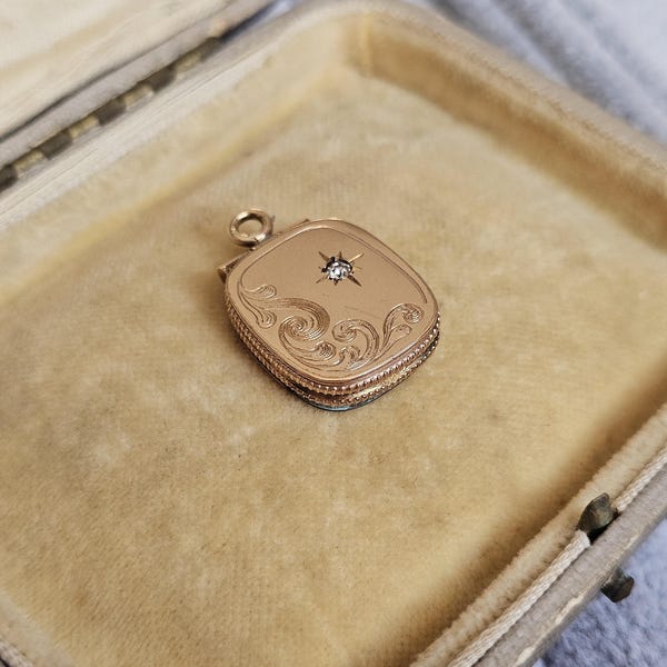 Gold Scroll Foliate Double Opening Diamond Locket - Vintage Pendant - Charlotte Gold - Locket Precious Memories