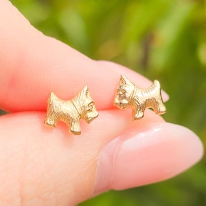 Solid 9ct Yellow Gold Scottie Dog Stud Earrings - Butterfly Closure 375 9k Gifts for Birthday & Graduation