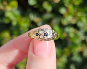 9ct Yellow Gold Opal and Sapphire Cluster Boat Ring Size Uk O (USA 7.5, EU 55)