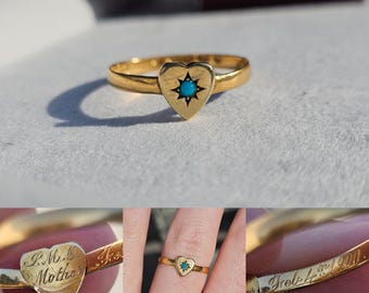 HALLAZGO EXCEPCIONAL Anillo antiguo de oro amarillo de 22 quilates con turquesa, engaste de estrella y corazón, del año 1856, con inscripción conmovedora - Talla P 1/2 (8, 57) Victoriano