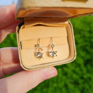 Victorian 1899 9ct Yellow Gold Star Paste Drop Earrings - British Antique Gold Dangly Earrings