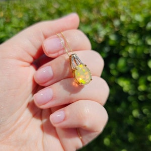 Rocks & Co 9ct Yellow Gold AAA Welo Yellow Gold Opal and Diamond Pendant Necklace 20&quot; Curb Chain