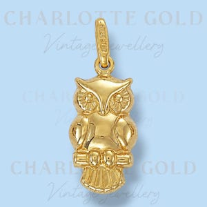 May include: A gold owl pendant featuring a detailed bird perched on a branch with textured eyes and wings. The piece includes a small bail at the top for attachment. The text CHARLOTTE GOLD Vintage Jewellery is visible in the background.