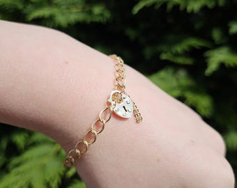 Vintage 9ct Gold Heart Padlock Curb Bracelet: 90s Charm Locket, 7"