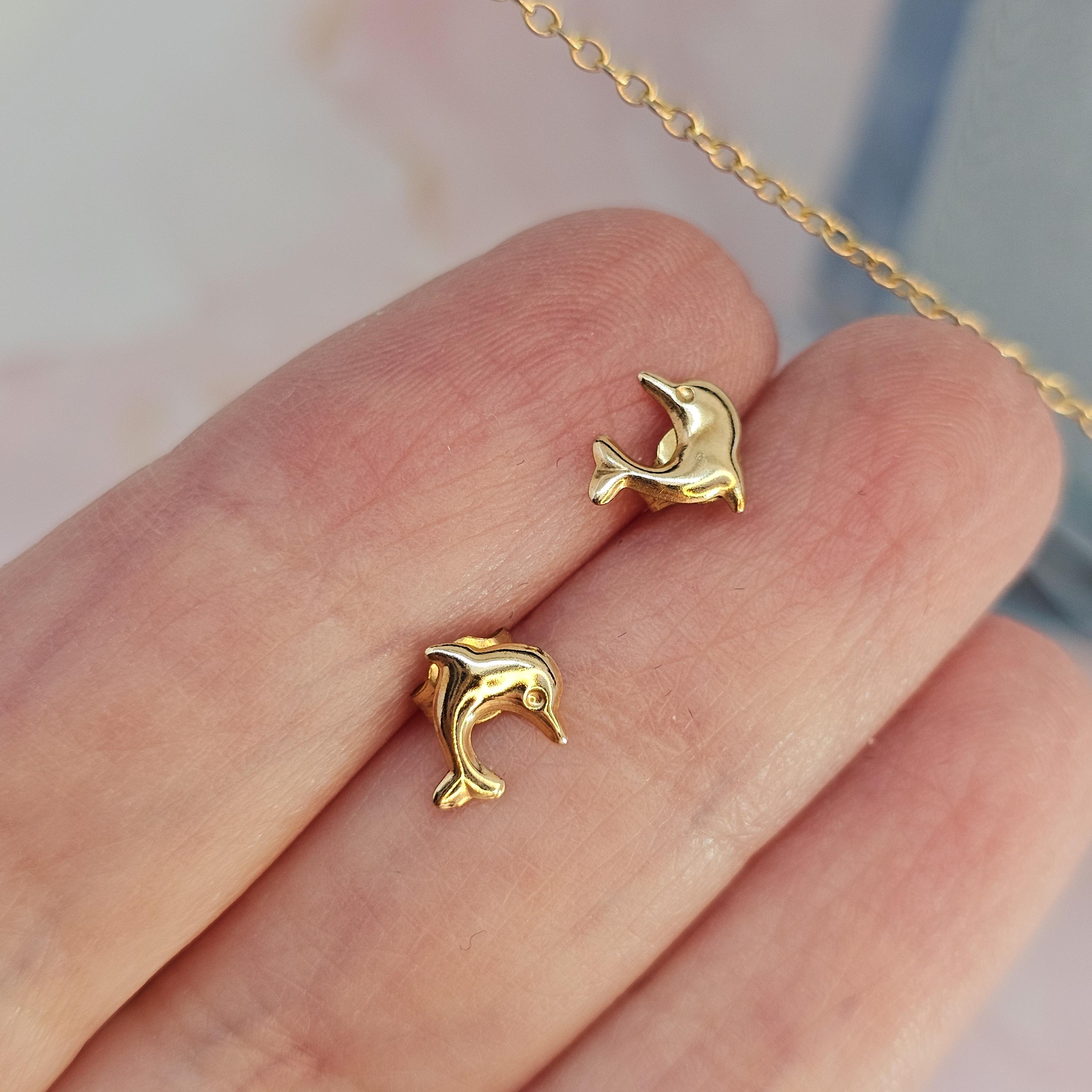 Solid 9ct Yellow Gold Cute Dolphin Stud Earrings Gifts for Her