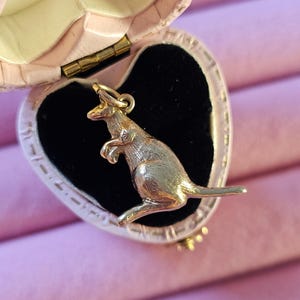 May include: A gold kangaroo charm inside a pink heart-shaped jewellery box. The charm has visible legs, tail, and head. The jewellery box is open, revealing a black interior.