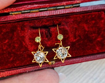 Victorian Year 1899 9ct Yellow Gold Star Peridot Drop Earrings - Antique British Jewelry Vintage gold treasure 18th Century Jewelry