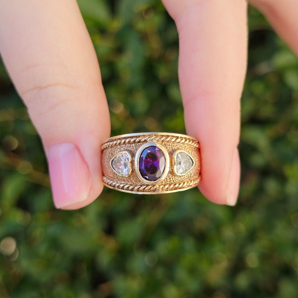 Amethyst Coronation Etruscan Solid Gold Medieval Chunky Ring Size Uk V (USA 10.75, EU 64) Byzantine Style Jewellery Multi Gemstone Ancient