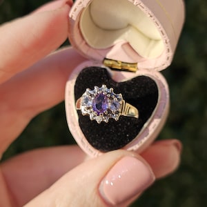 9ct Gold Rose Amethyst Trilogy Diamond Halo Ring Size M