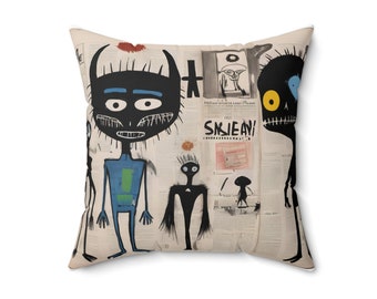 basquiat and alien themed Spun Polyester Square Pillow