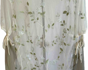 Vintage Steffi Dobrindt Edda Shirt Sz M Floral Embroidered Sheer Tie Long Sleeve