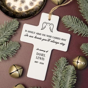 In Angels' Arms Cross Ornament | Personalized Religious Memorial Christmas Ornament | Angel Wings Grief Gift | In Memory of Cross Ornament