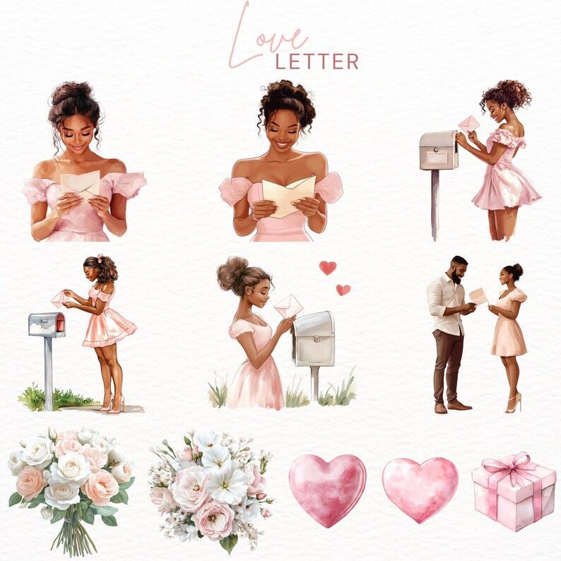 Valentine’s clipart collection with love letter PNG designs and romantic Valentine’s Day themes, ideal for scrapbooking, digital prints, and personalized gifts. Commercial use rights included.