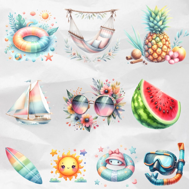 Design stunning summer-themed projects with the Watercolor Summer Vibes Collection Clipart. This set features pool party PNGs, vacation illustrations, and beach clipart, perfect for commercial use.