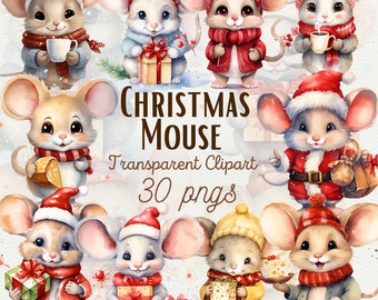 Watercolor Christmas Mouse Clipart – Holiday PNG Graphics (Digital Download)