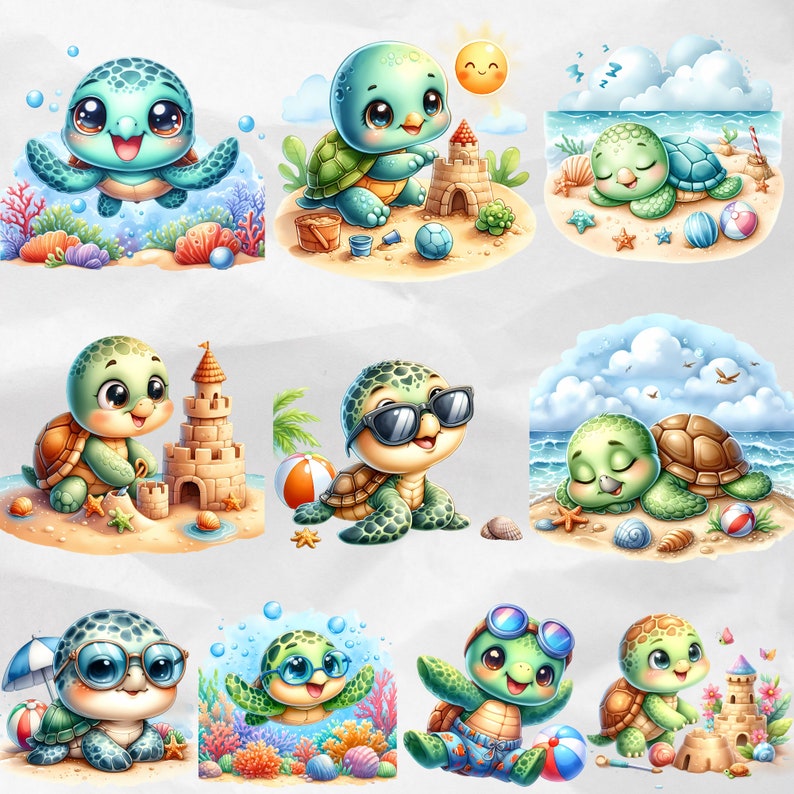 May include: A collection of nine illustrations featuring cute cartoon turtles in various summery settings. The turtles are depicted wearing sunglasses, building sandcastles, swimming in the ocean, and relaxing on the beach.