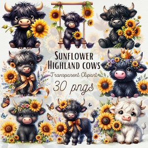 ひまわりのハイランド牛のクリップアート 黒の花柄のハイランド牛のPNG かわいいハイランド牛のクリップアート ひまわりのクリップアート 赤ちゃんハイランド牛 商用利用