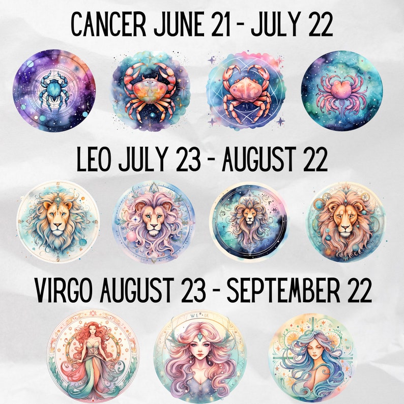 Celebrate the stars with the Zodiac Sign Clipart Bundle – PNG Astrology illustrations for divine designs. Elevate your Astrology Gifts and add a touch of cosmic allure to Watercolor Scrapbook Paper Crafts. Commercial Use.