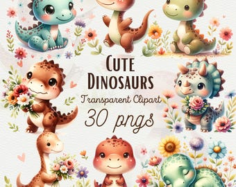 Watercolor Dinosaurs with Flowers Dinosaur Birthday Party Decor Dinosaur Baby shower Cute Dino Clipart Dinosaur Stickers PNG Commercial Use
