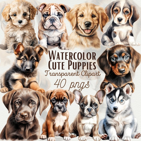 Cute Puppy dogs Clipart Watercolor Dog Illustrations Dog Breeds PNG Bundle Cute Puppy PNG Bundle Cute Animals Designs Clipart Commercial Use