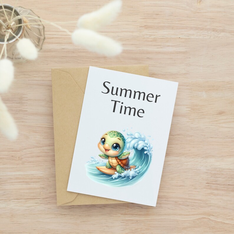 May include: A white card with the text "Summer Time" in black lettering. A cartoon turtle is surfing on a wave. The turtle is green with blue eyes and a yellow shell.