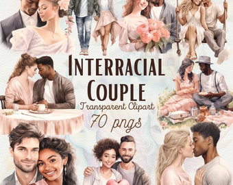 Watercolor Interracial Valentines Couple Clipart Romantic Couple Clipart Valentines Couple PNG Design Couple Illustration Valentine Card PNG