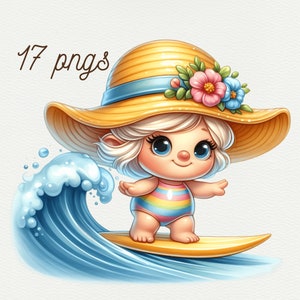 Kolekcja akwareli Beach Girl Gnomes Clipart Beach Gnome Clipart PNG Summer Gnome PNG Cute Gnome PNG Pobieranie cyfrowe do użytku komercyjnego