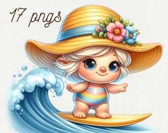 Aquarel strandmeisje kabouters collectie clipart strandkabouter clipart PNG zomerkabouter PNG schattige kabouter PNG digitale download voor commercieel gebruik
