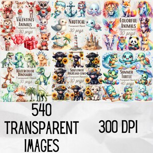 Design delightful nursery art with the Cute Animals Clipart 500+ Mega Bundle. This extensive collection of watercolor animal PNGs is perfect for creating stickers, nursery decor, and other commercial use items.
