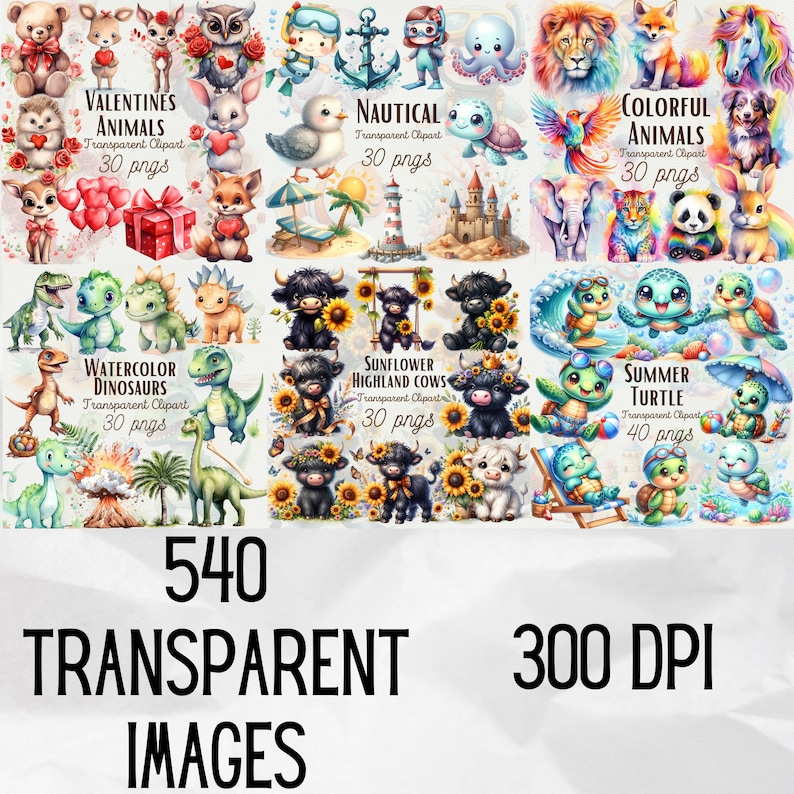 Design delightful nursery art with the Cute Animals Clipart 500+ Mega Bundle. This extensive collection of watercolor animal PNGs is perfect for creating stickers, nursery decor, and other commercial use items.