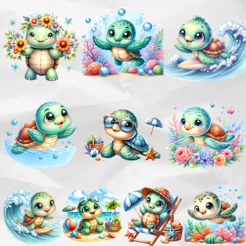 Bring a touch of the ocean to your projects with Baby Turtle Clipart, showcasing adorable watercolor turtle PNG designs. Ideal for beach and summer themes, these cute sea turtle cliparts are perfect for commercial use.