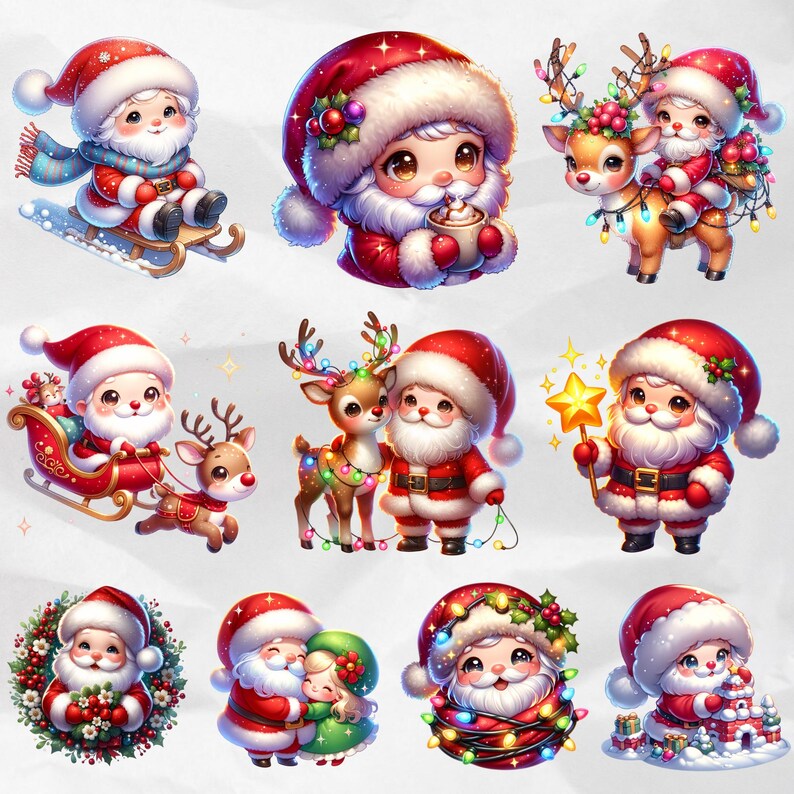 Festive Santa Claus clipart bundle with a detailed watercolor sleigh and flying reindeer in high-quality PNG format. Perfect for holiday crafts, digital decor, DIY projects, and commercial use.