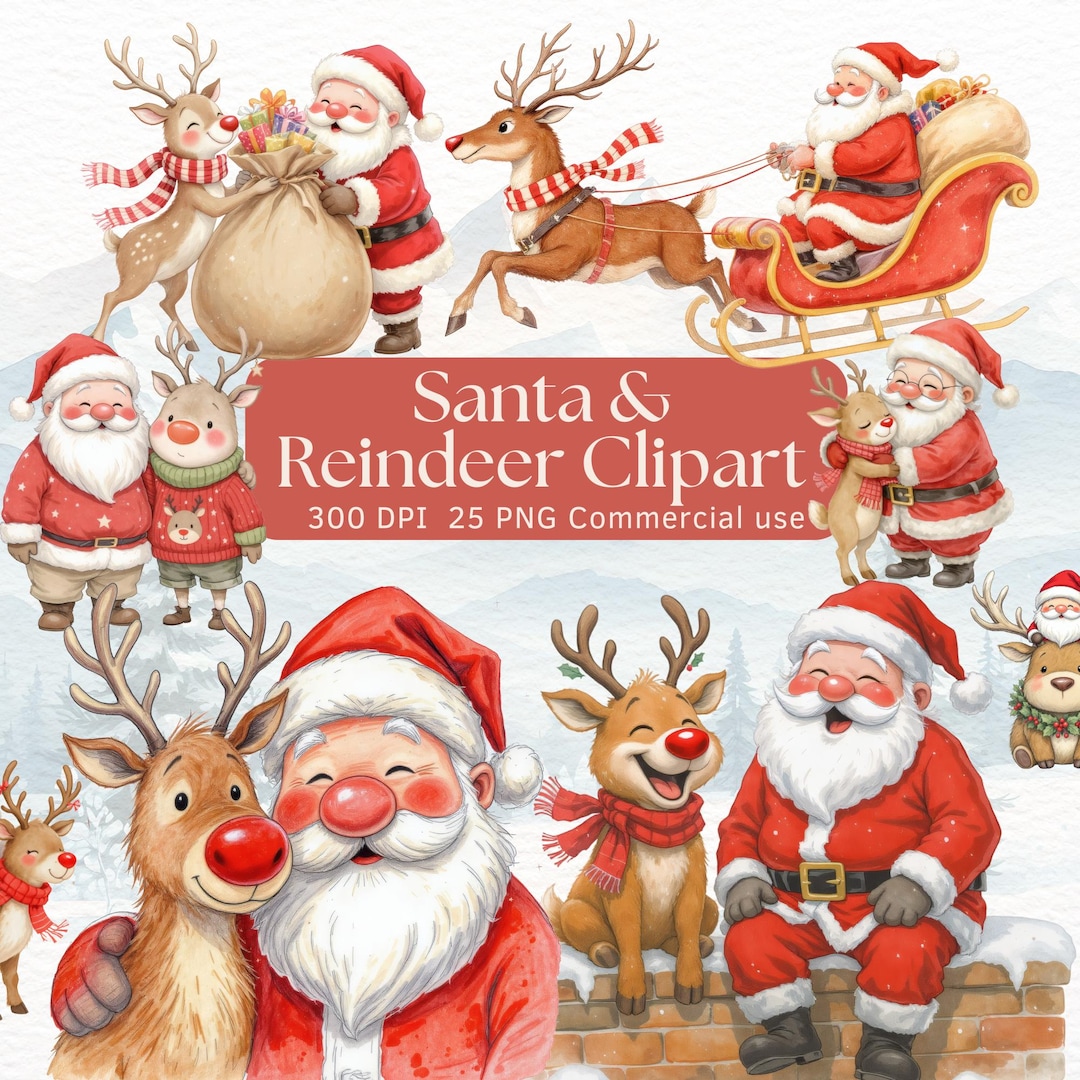 Santa & Reindeer Clipart Bundle - Festive Watercolor Christmas Graphics ...