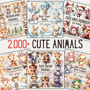 2000 Watercolor Cute Animals Clipart Bundle Baby Animal PNG Woodland Animal Sublimation Bundle PNG Cute Safari Animal Designs Commercial Use