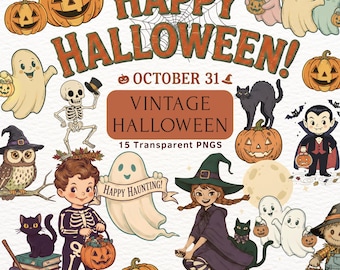 Vintage Halloween Clipart Bundle for Printable Retro Diy Designs