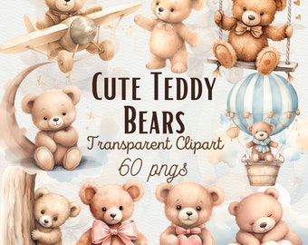 Images clipart d'ours en peluche à l'aquarelle : 60 jolis motifs bohèmes au format PNG (usage commercial)