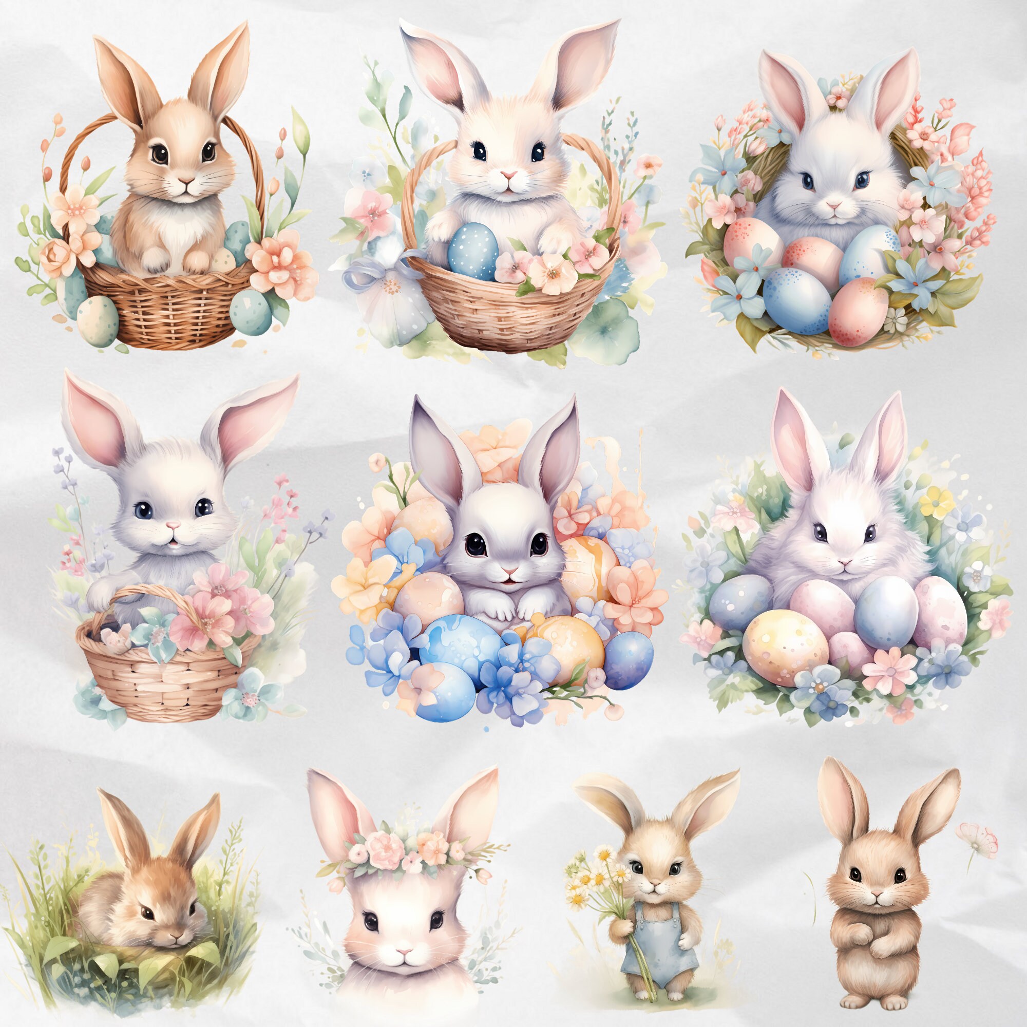 Watercolor Easter Bunny Clipart: Floral Spring PNG Designs (commercial ...