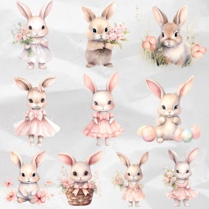 Infuse your Easter designs with the whimsy of Pink Watercolor Easter Clipart – Bunny Graphics and Easter Egg PNG. Perfect for creating a Nursery Easter theme with the cuteness of Pink Cute Bunny Clipart. Commercial Use.