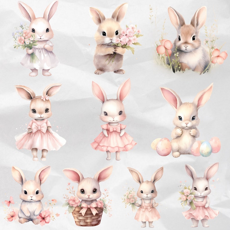 Infuse your Easter designs with the whimsy of Pink Watercolor Easter Clipart – Bunny Graphics and Easter Egg PNG. Perfect for creating a Nursery Easter theme with the cuteness of Pink Cute Bunny Clipart. Commercial Use.