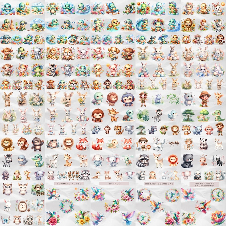 Bring adorable animals to your designs with the Cute Animals Clipart 500+ Mega Bundle. Featuring over 500 watercolor animal PNGs, this set is ideal for nursery decor, stickers, and commercial use.