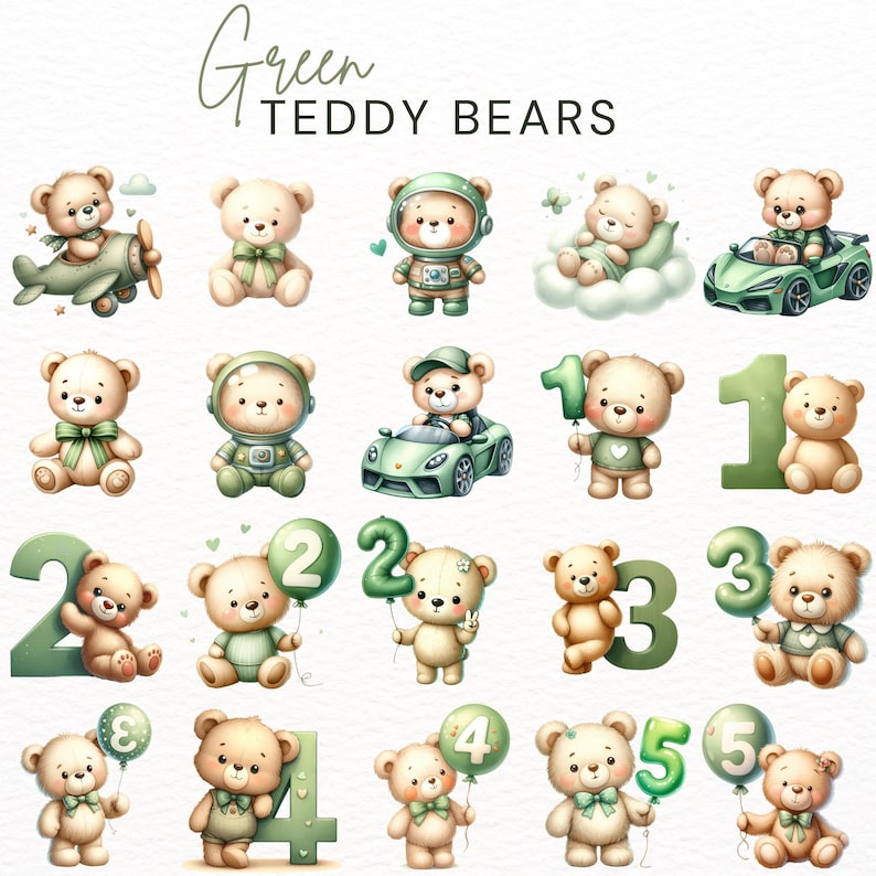 Green Teddy Bear Clipart Bundle - Cute Digital Graphics for Kids Crafts ...
