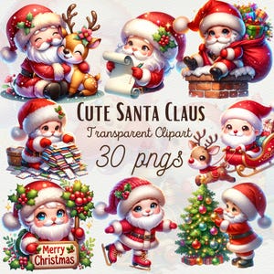 Adorable Santa Claus clipart bundle with a delightful watercolor Christmas sleigh and flying reindeer in high-quality PNG format. Perfect for digital designs, festive holiday decor, and commercial use projects.