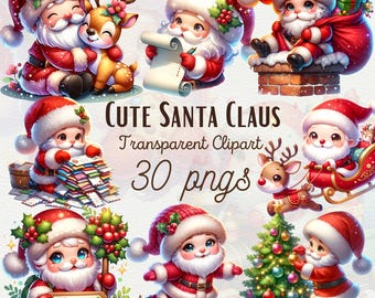 Söt jultomten Clipart-paket akvarell jul jultomten släde PNG flygande renar Clipart akvarell jul Clipart kommersiellt bruk