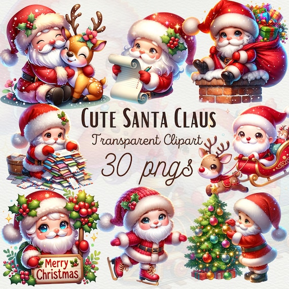 Cute Santa Claus Clipart Bundle Watercolor Christmas Santa Claus Sleigh PNG Flying Reindeer Clipart Watercolor Xmas Clipart Commercial Use