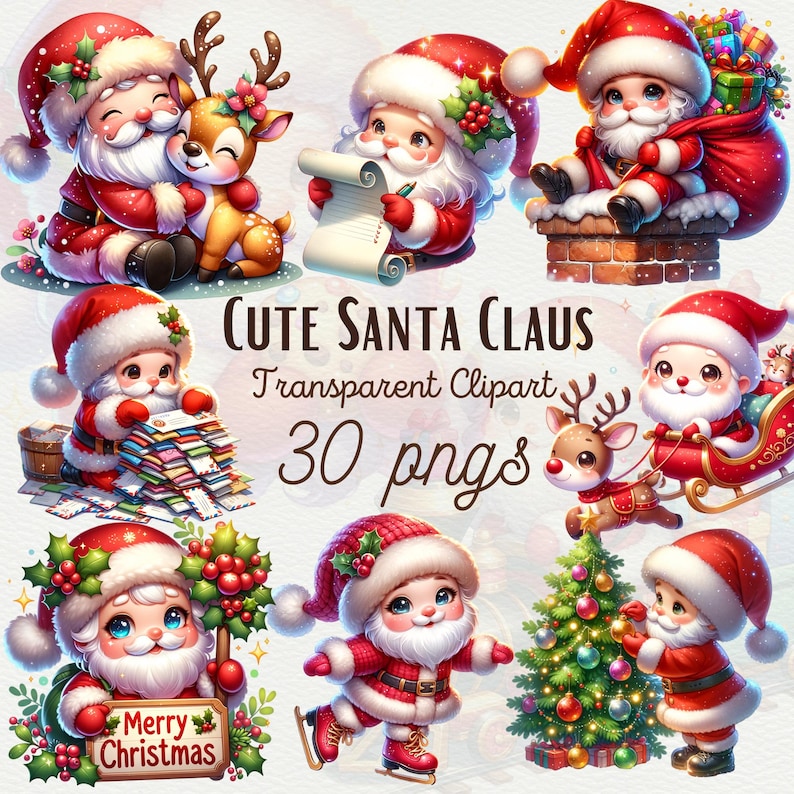 Adorable Santa Claus clipart bundle with a delightful watercolor Christmas sleigh and flying reindeer in high-quality PNG format. Perfect for digital designs, festive holiday decor, and commercial use projects.