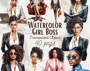 Imágenes prediseñadas de mujer negra emprendedora en acuarela, mujeres afroamericanas PNG (uso comercial)