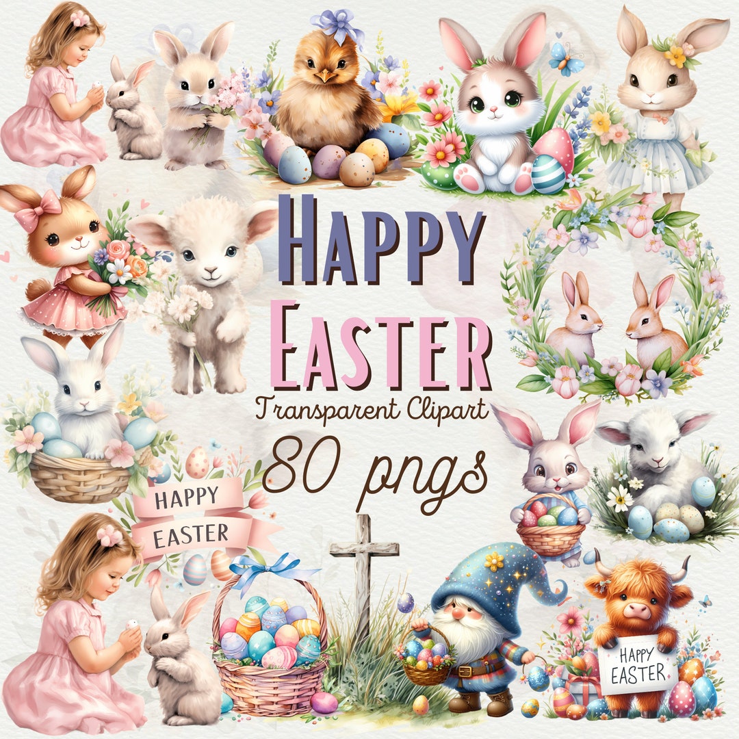 Watercolor Happy Easter Clipart Bundle Cute Easter Bunny Clipart PNG ...